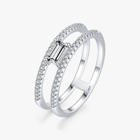 Glam Luxurious Shiny Rectangle Sterling Silver Plating Inlay Zircon Rhodium Plated Wide Band Ring Rings