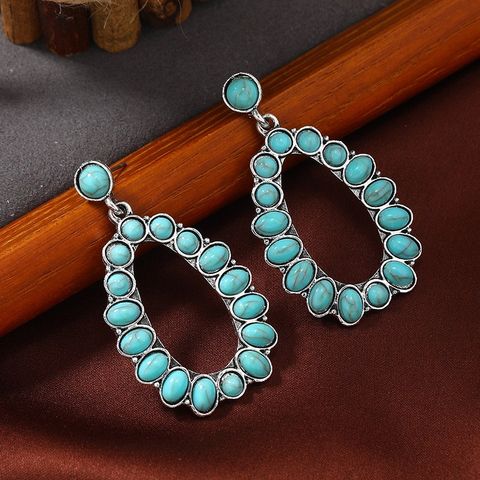 Wholesale Jewelry 1 Pair Classical Retro Oversized Ring Alloy Turquoise Earrings