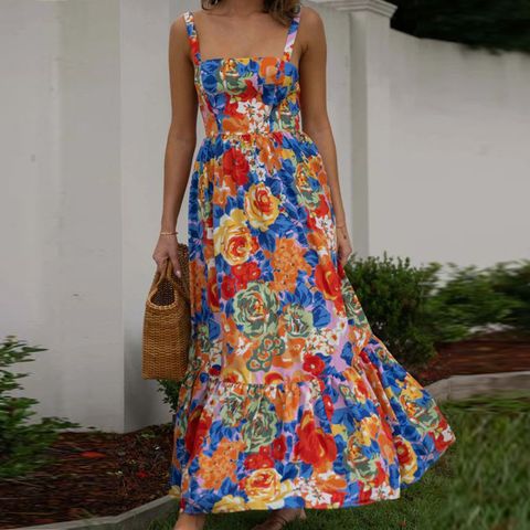 Women's Tiered Skirt Vacation Collarless Printing Sleeveless Oil Painting Maxi Long Dress Holiday