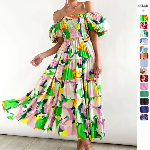 Women's One Shoulder Skirt Vacation Boat Neck Printing Backless Short Sleeve Ditsy Floral Maxi Long Dress Street