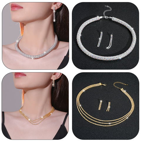 Luxurious Geometric Metal Inlay Rhinestones Women's Earrings Necklace