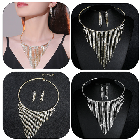 Luxurious Tassel Metal Inlay Rhinestones Women's Earrings Necklace