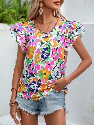 Women's T-shirt Short Sleeve Blouses Printing Casual Flower