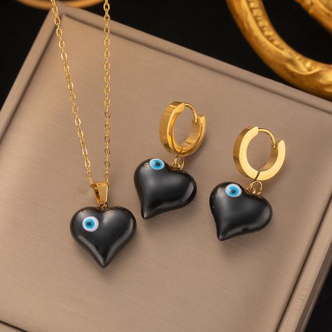304 Stainless Steel 18K Gold Plated Artistic Enamel Plating Heart Shape Eye Earrings Necklace