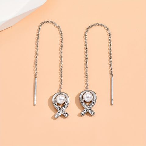 1 Pair Simple Style Fish Inlay 304 Stainless Steel Artificial Pearls Rhinestones Ear Line