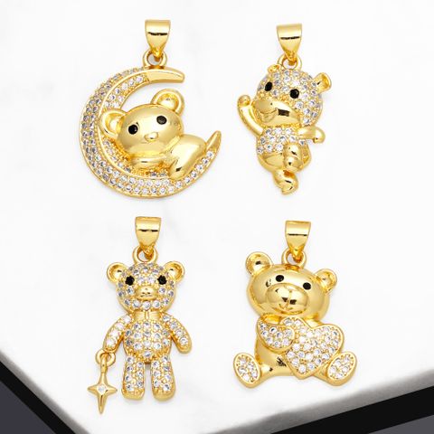 Ins Style Cute Moon Bear Heart Shape Copper Plating Inlay Zircon 18k Gold Plated Pendants Jewelry Accessories