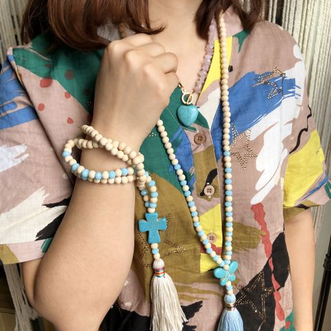 Ethnic Style Bow Knot Beaded Turquoise Tassel Women's Long Necklace