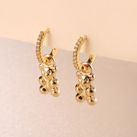 1 Pair Ins Style Animal Bear Copper Plating Inlay Zircon Gold Plated Drop Earrings