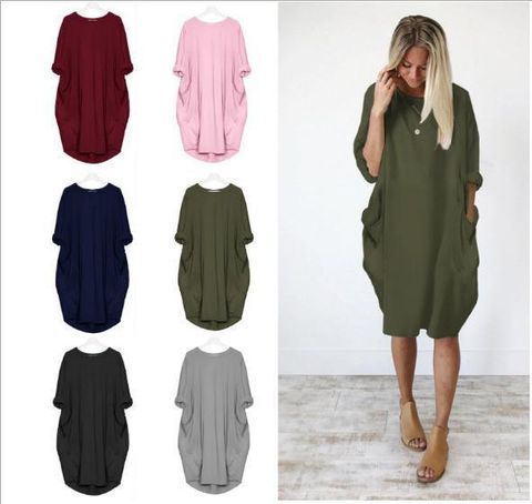 Women's Straight Skirt Casual Basic Simple Style Round Neck Fake Buttons Pocket Half Sleeve Simple Solid Color Midi Dress Outdoor Travel Daily