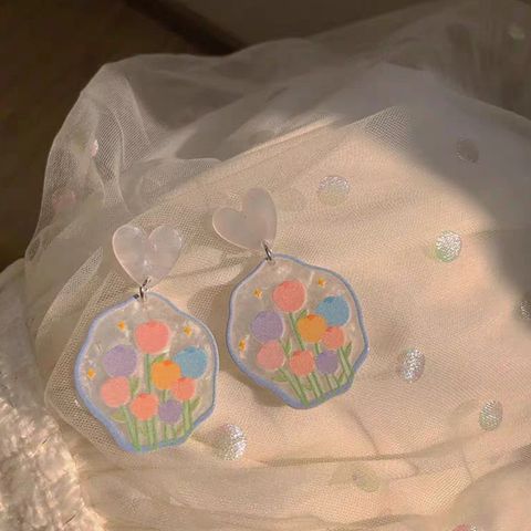 Wholesale Jewelry 1 Pair Sweet Rainbow Heart Shape Flower Arylic Alloy Drop Earrings