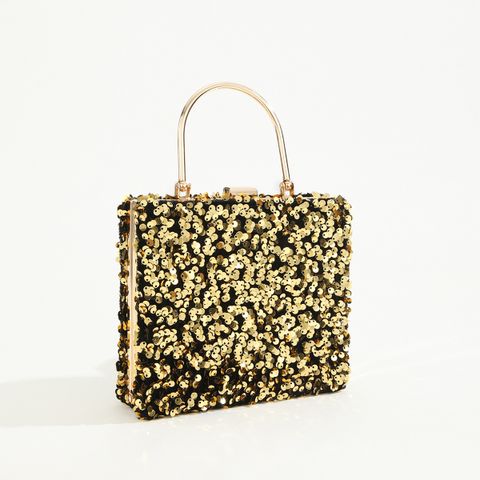 Black Colour Gold Polyester Solid Color Sequins Square Evening Bags