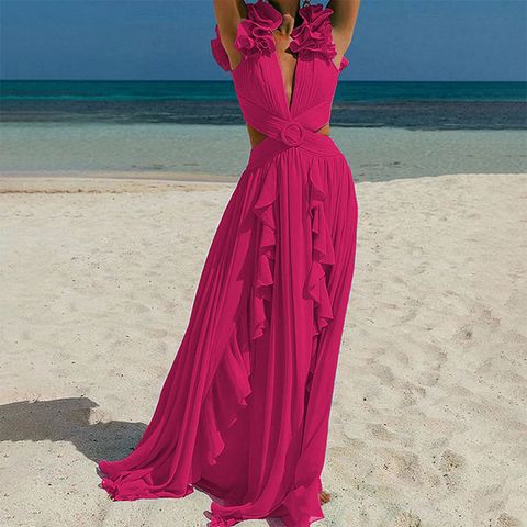 Women's Romantic Beach Solid Color Frill Backless 2 Piece Set One Piece