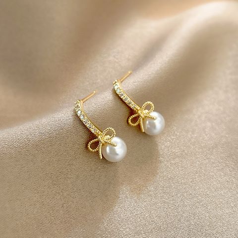 1 Pair Simple Style Heart Shape Flower Inlay Sterling Silver Pearl Zircon Drop Earrings Ear Studs