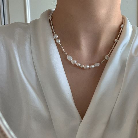Simple Style Round Sterling Silver Beaded Pearl Necklace