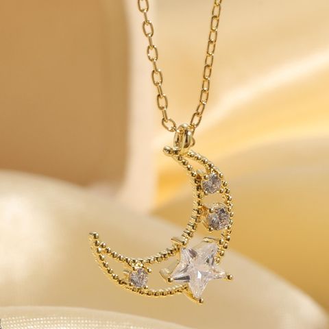 Elegant Star Moon Copper Plating Inlay Zircon 14k Gold Plated Necklace