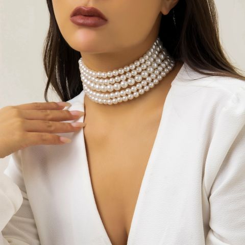 Elegant Round Artificial Pearl Copper Beaded Layered Metal Button Women's Choker