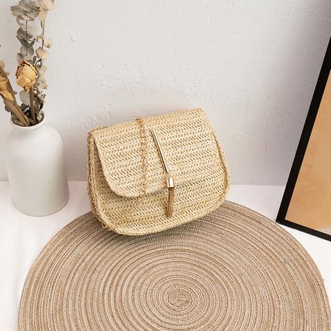 Women's Small Straw Solid Color Vintage Style Square Flip Cover Crossbody Bag