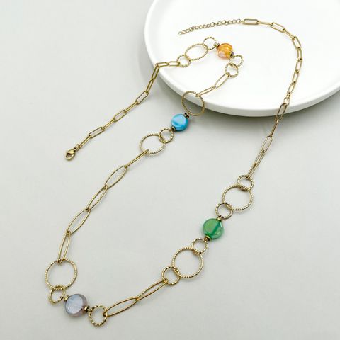 Casual Circle Splicing 304 Stainless Steel Metal Plating Glass Stone 14K Gold Plated Women'S Necklace