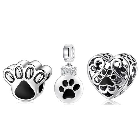 Cute Paw Print Heart Shape Sterling Silver Enamel Inlay Zircon Jewelry Accessories