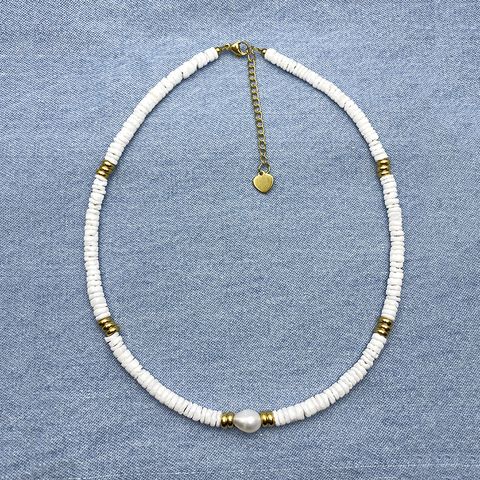 Fashion Solid Color Natural Stone Pearl Titanium Steel Patchwork Choker 1 Piece