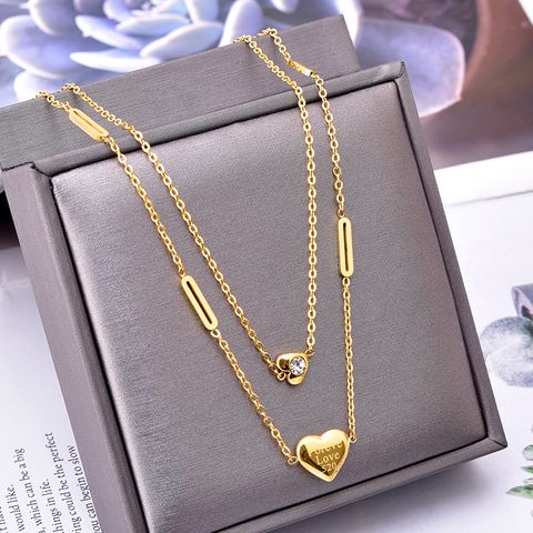 Wholesale Lady Letter Heart Shape Titanium Steel Zircon Layered Necklaces