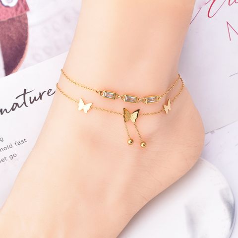 Fairy Style Insect Butterfly 304 Stainless Steel Plating Inlay Glass Stone 18K Gold Plated Women'S Anklet