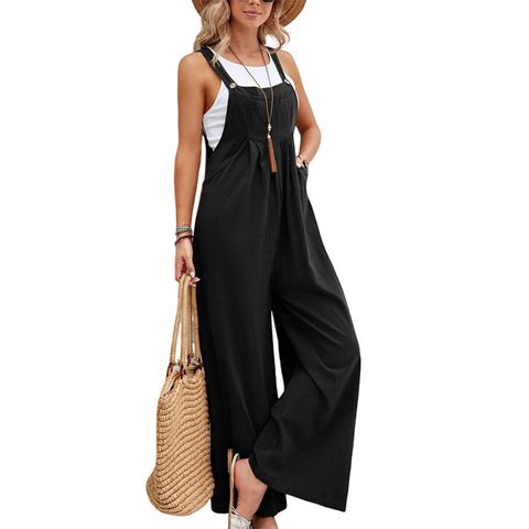 Women's Street Vintage Style Solid Color Full Length Pocket Patchwork Casual Pants Overalls