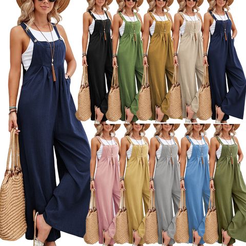 Women's Street Vintage Style Solid Color Full Length Pocket Patchwork Casual Pants Overalls