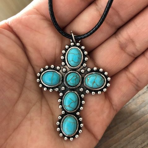 1 Piece Fashion Cross Alloy Inlay Turquoise Women's Necklace