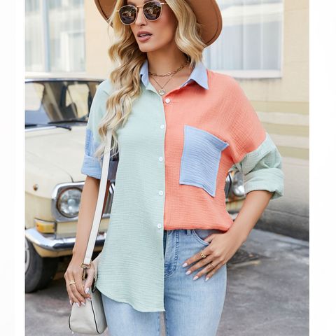 Women's Blouse Long Sleeve Blouses Pocket Fashion Streetwear Color Block