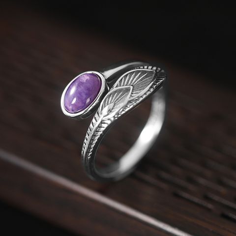 Simple Style Oval Feather Sterling Silver Inlay Agate Rings