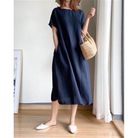Straight Skirt Commute Round Neck Printing Patchwork Short Sleeve Solid Color Midi Dress Daily