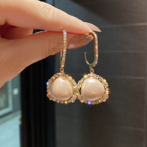 Wholesale Jewelry 1 Pair Shiny Round Imitation Pearl Rhinestones Pearl Drop Earrings
