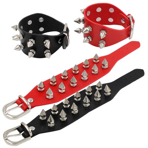 Punk Solid Color Pu Leather Alloy Rivet Unisex Wristband