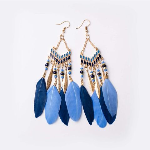 Wholesale Jewelry 1 Pair Bohemian Water Droplets Tassel Feather Alloy Feather Drop Earrings