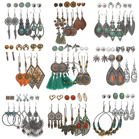 Wholesale Jewelry 1 Set Bohemian Leaf Water Droplets Heart Shape Alloy Artificial Gemstones Turquoise Earrings