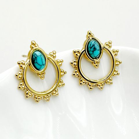 1 Pair Ethnic Style Round Inlay 304 Stainless Steel Turquoise 14K Gold Plated Ear Studs