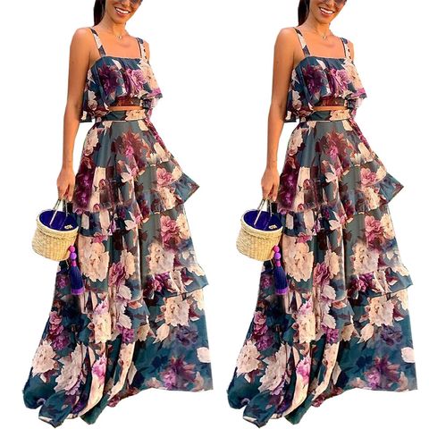 Women's Basic Flower 4-way Stretch Fabric Polyester Printing Skirt Sets