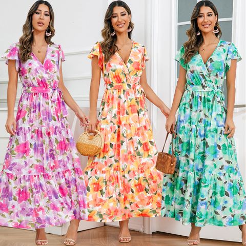 Women's A-line Skirt Elegant V Neck Printing Short Sleeve Flower Maxi Long Dress Holiday