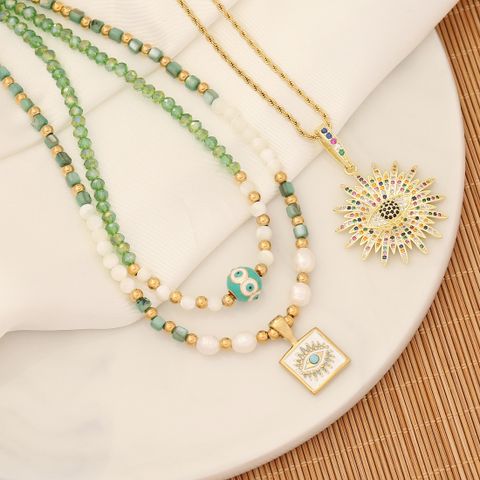 Wholesale Casual Eye Flower Stainless Steel Copper Enamel Inlay 18K Gold Plated Natural Stone Zircon Pendant Necklace