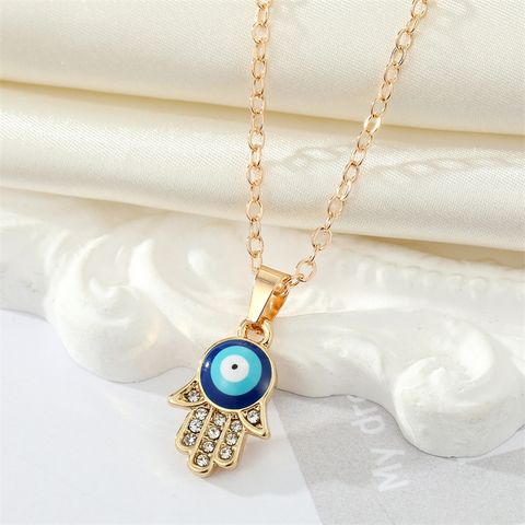 Alloy Diamond Drop Oil Devil's Eye Fatima's Hand Earring Necklace Set