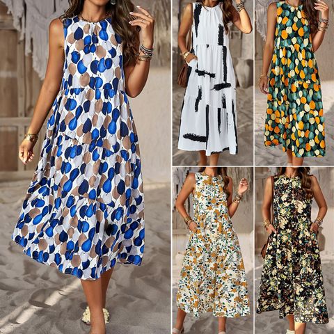 Women's A-line Skirt Fashion Round Neck Printing Sleeveless Geometric Midi Dress Street