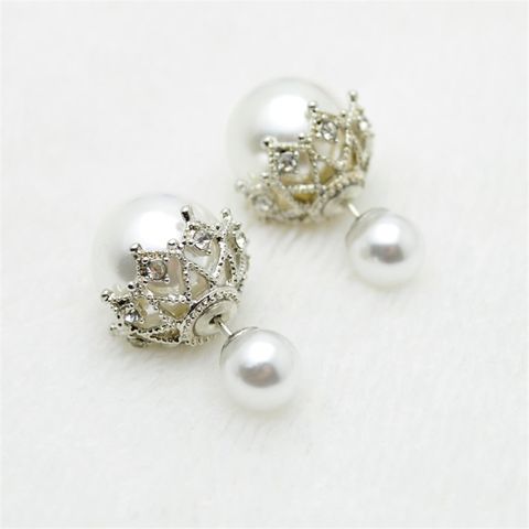 European And American Fashion Lady Temperament Simple Big And Small Balls Two Sides 4-color Pearl Lace Hollow Zircon Stud Earrings