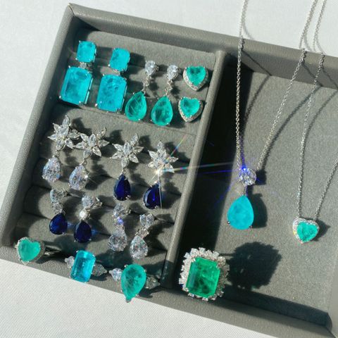 Elegant Square Water Droplets Heart Shape Sterling Silver Inlay Zircon Women's Rings Earrings Necklace