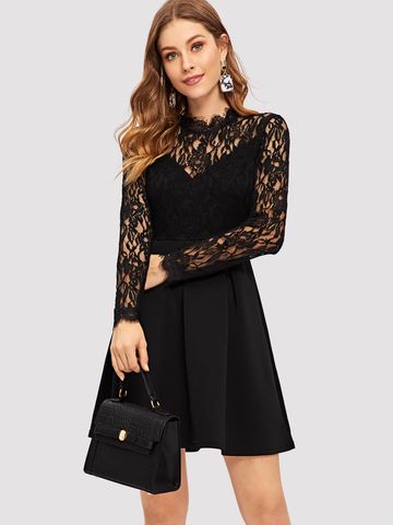 Women's Lace Dress Fashion Round Neck Lace Long Sleeve Solid Color Above Knee Daily