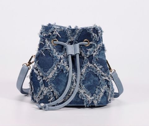 Women's Denim Solid Color Fashion Bucket String Shoulder Bag Crossbody Bag Bucket Bag