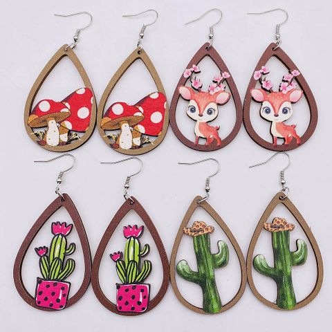 1 Pair Cute Cactus Sika Deer Mushroom Wood Women's Drop Earrings