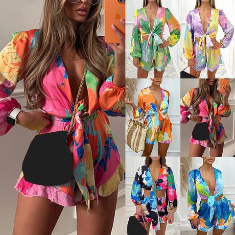 Women's Streetwear Color Block Polyester Printing Shorts Sets