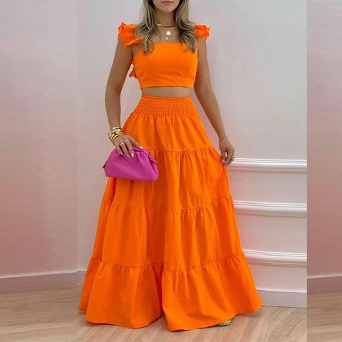 Women's Vacation Solid Color Polyester Patchwork Skirt Sets