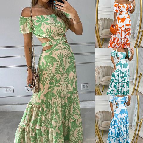 Women's Regular Dress Simple Style Boat Neck Printing Short Sleeve Ditsy Floral Maxi Long Dress Daily